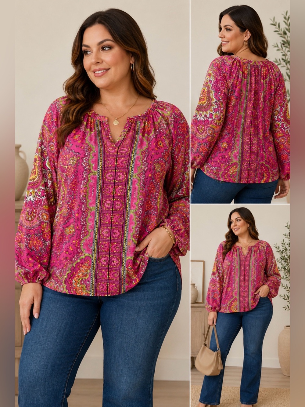 ane Bryant Paisley Peasant Blouse Women’s 18/20 Pink Boho Long Sleeve Plus Size